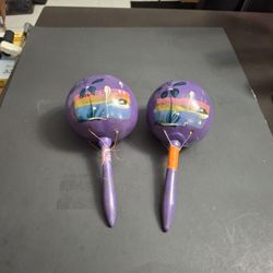 9" Hand Made & Painted Genuine Mexican Set Of 2 Maracas I Purple- SEE DESCRIPTION 