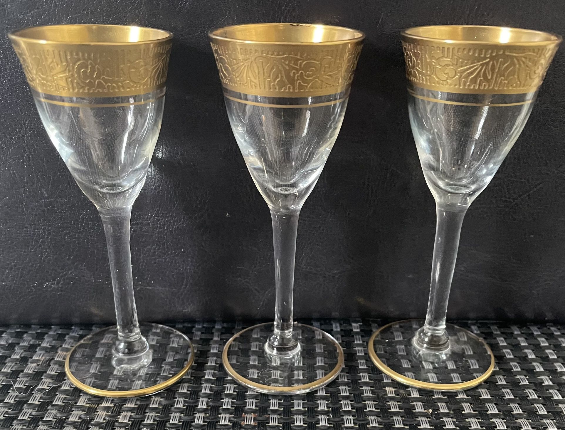 Vintage Etched Gold Trim Rim Cordial Glasses Set of 3 Liqueur Stem Floral 4.25” 
