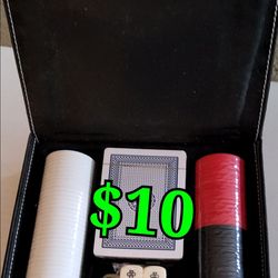 Portable poker chip set in a faux leather case, containing chips, playing cards, and dice for gaming.
$10