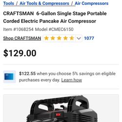 Craftsman portable 150psi 6gal air compressor 
