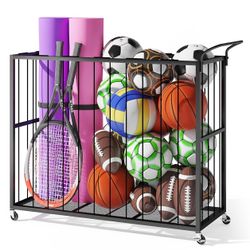 Ball Storage Bin Rolling Sports Ball Cart, Metal Garage Organizer R(9)