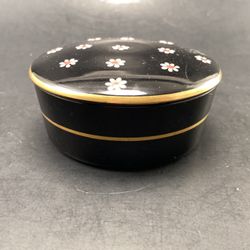 Beautiful Vintage Black Amythst Stamped Imperial Glass Powder Box Handpainted Flowers Vanity Item