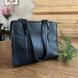 Coach Vintage Dark Navy Blue Soft Leather Classic Compartment Tote Shoulder Bag