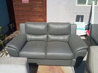 Premium Dark Grey Leather Couch and Armchair Set