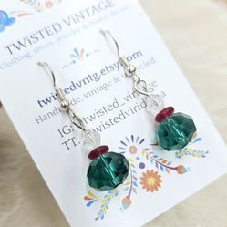 Handmade Christmas Holiday Glass Beads Dangle Earrings in Green, Red and Clear