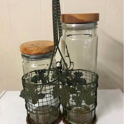 2 Glass Canisters with Green Metal Holder
