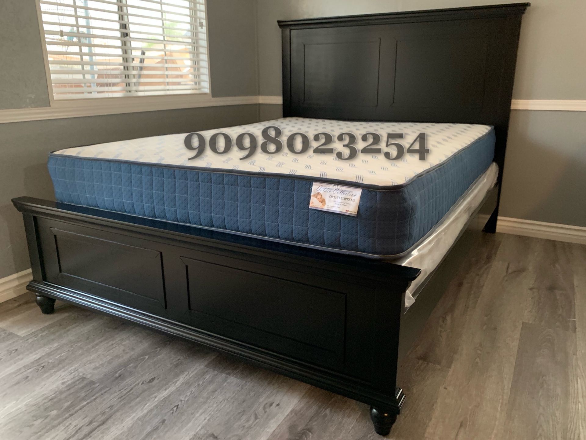 Queen Black Wooden Bed w. Orthopedic Mattresses included