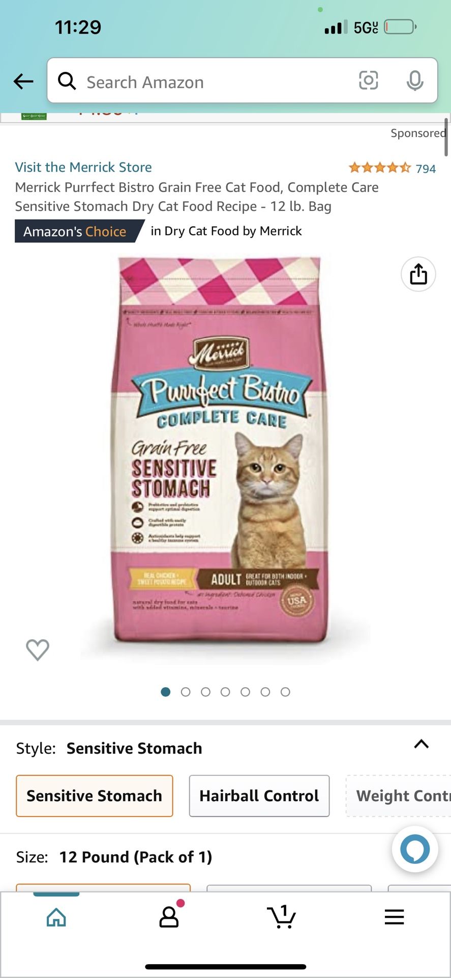 Merrick Purrfect Bistro Grain Free Cat Food, Complete Care Sensitive Stomach Dry Cat Food Recipe - 12 lb. Bag
