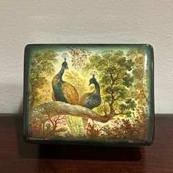Beautiful Peacock Lacquer Box Made In Russia Signed Vintage Art Deco