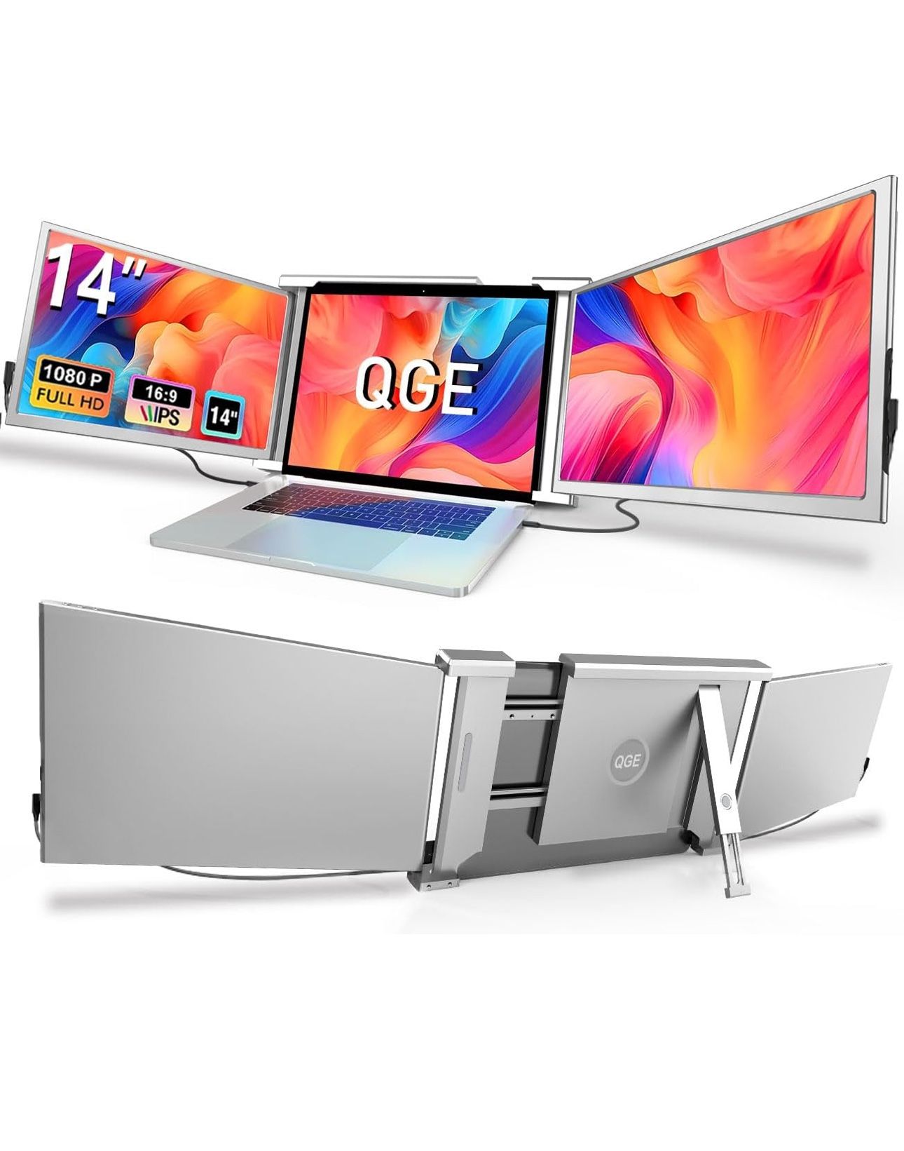 Laptop Screen Extender, 14" 1080P FHD Triple Monitor for Laptop Extension- 315°Rotate Portable Dual Monitor Screen for 13.3-16.5" Laptops Type-C/HDMI/