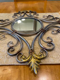 Metal scroll & gold leaf accent 20 x20 inch mirror. Silver & gold. Hook on back.  Vintage/ cottage.
