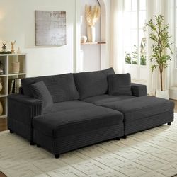 Oversized Chaise Lounge with Wide Storage Ottoman, Modern sleeper chair for Living room, ottoman chair Sleeper, Corduroy, Dark Gray