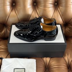 Gucci Worsh Patent Leather Derby Dress Black Made in Italy Shoes Oxfords SZ 6.00