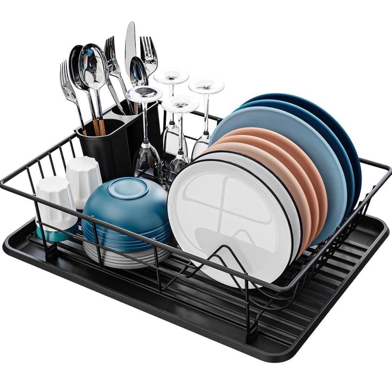 GSlife Dish Drying Rack with Drainboard - Dish Racks for Kitchen Counter, Dish Drainer with Utensil Holder, No Drain Spout, Black Organiser Rubber