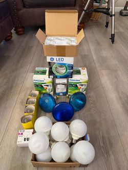 Large Lot of Assorted Light Bulbs – LED, CFL, Flood, Globe & GU10 – $25