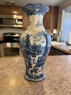 Large Blue & White Chinoiserie Vase – Crackle Glaze – Approx. 14"