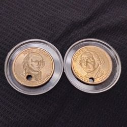 2 Old USA Golden One Dollar Coins With Holes - Washington & Adams