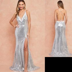 New With Tags Silver Sequin Formal Dress & Prom Dress $105