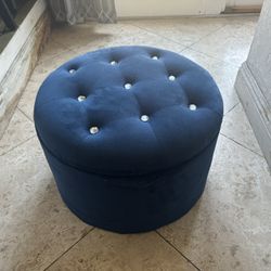 Round Blue Velvet Ottoman With Storage 