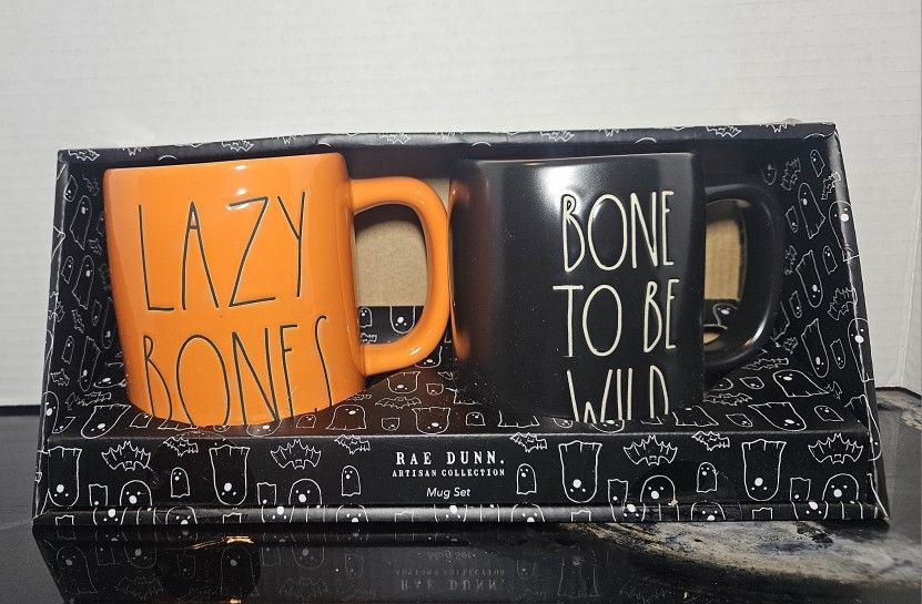 Rae Dunn Artisan Collection Halloween Mug Set - Lazy Bones, Bone to Be Wild