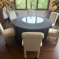 Dining Set: 72 Inch Round Dining Table With Six Chairs And 40” Glass Lazy Susan 