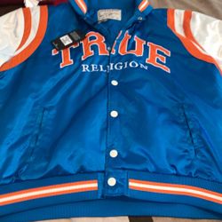 True Religion BLUE/ORANGE VARSITY SOUVENIR BOMBER JACKET 