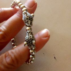 Leopard With Black Crystals Metal Ball Beads Bracelet, Stretches, Men Or Women