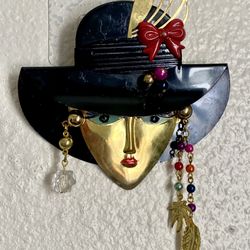 Rare 80’s Lady with Blk Hat pin brooch