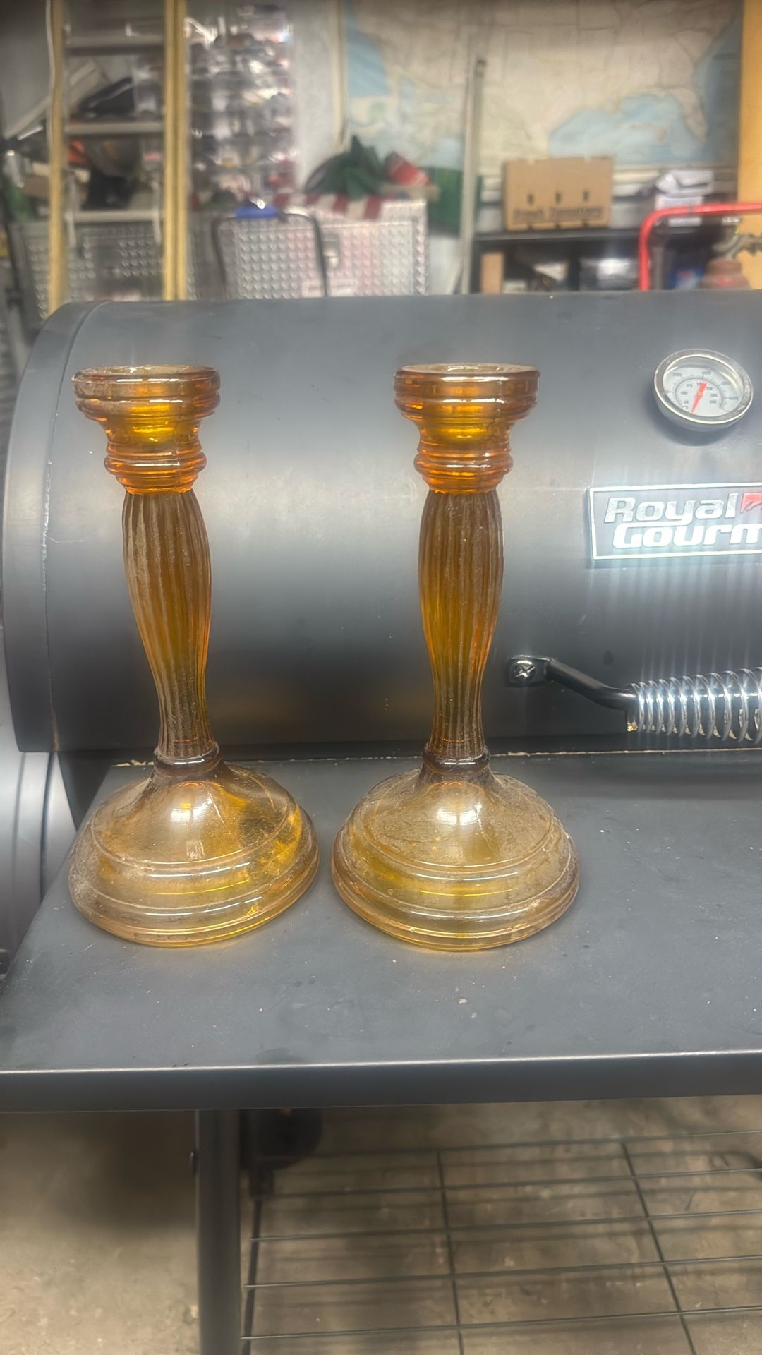 2 Vintage Amber Candle Stick Holders