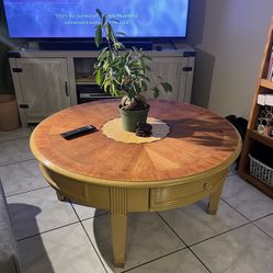 Refinished Two Tone Solid Wood Boho Coffee Table With Natural Wood Stain and Khaki Brown Paint