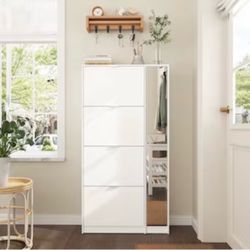 White Shoe Storage Cabinet with Mirror