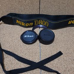 Genuine Nikon D800 camera strap + 2 lens caps 52mm Japan Open Box.
