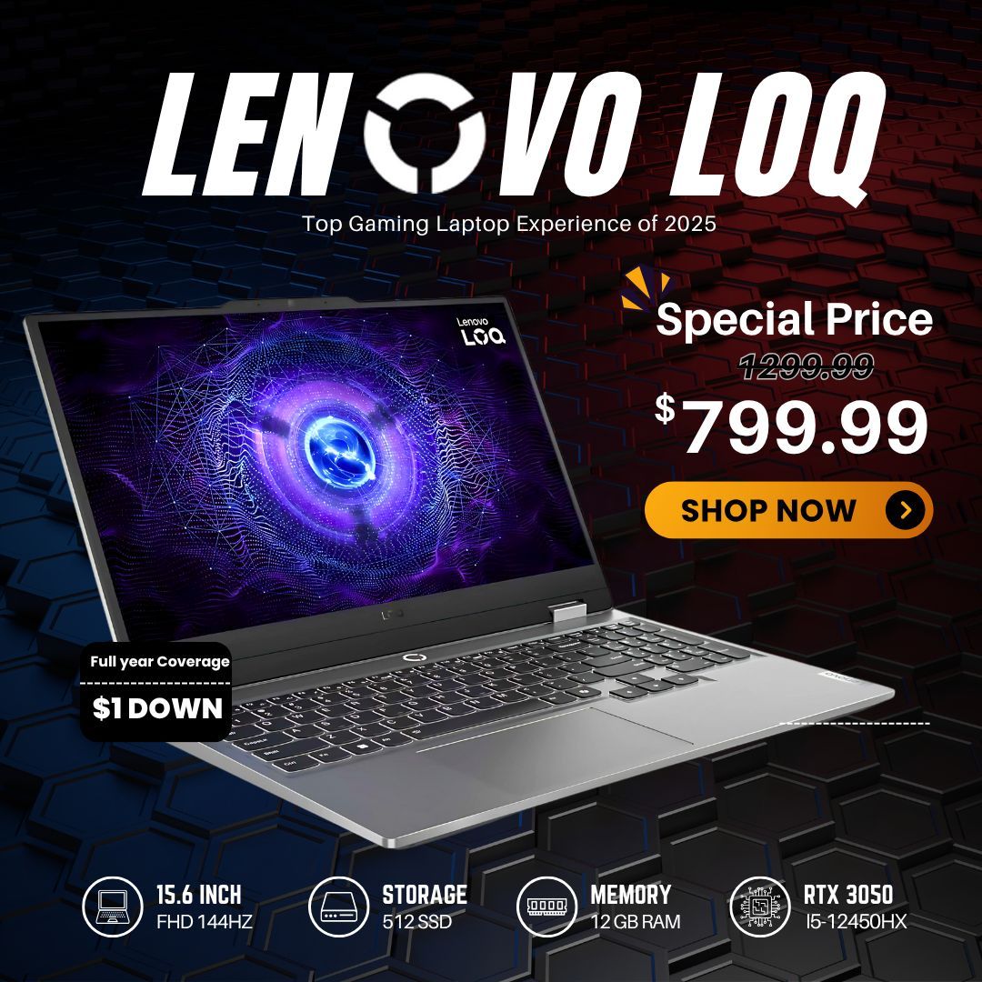 🎮 Lenovo LOQ RTX Gaming Laptop – $799 or $1 Down! Save $500 + 1-Year Warranty 💥