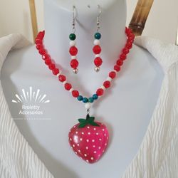 Necklace And Earrings Vintage With Huge Strawberry Pendant.