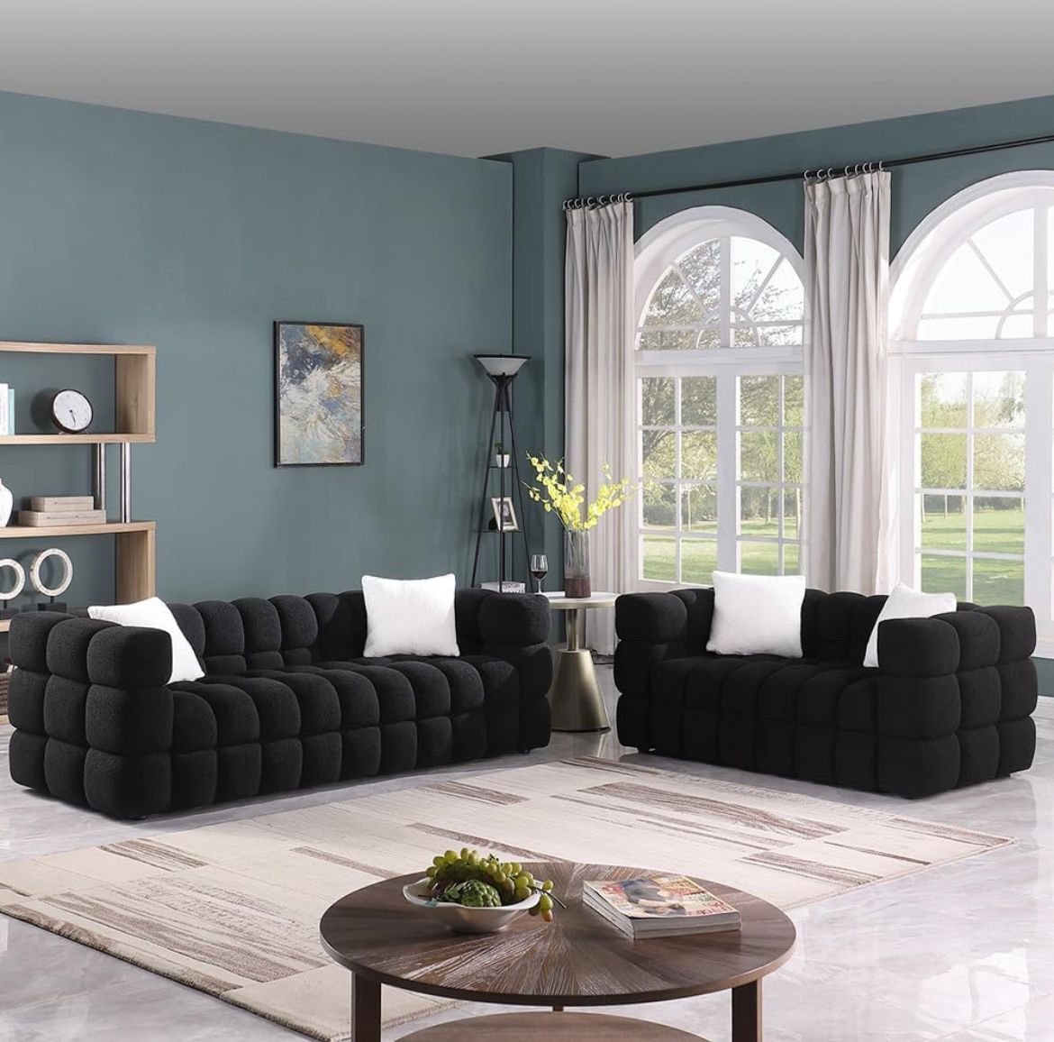 2 Piece Sectional Couches for Living Room Set, 62" Modern Loveseat & 84" 3 Seater Cloud Sofa with 4 Accent Pillows, Comfy Boucle Fabric, Black