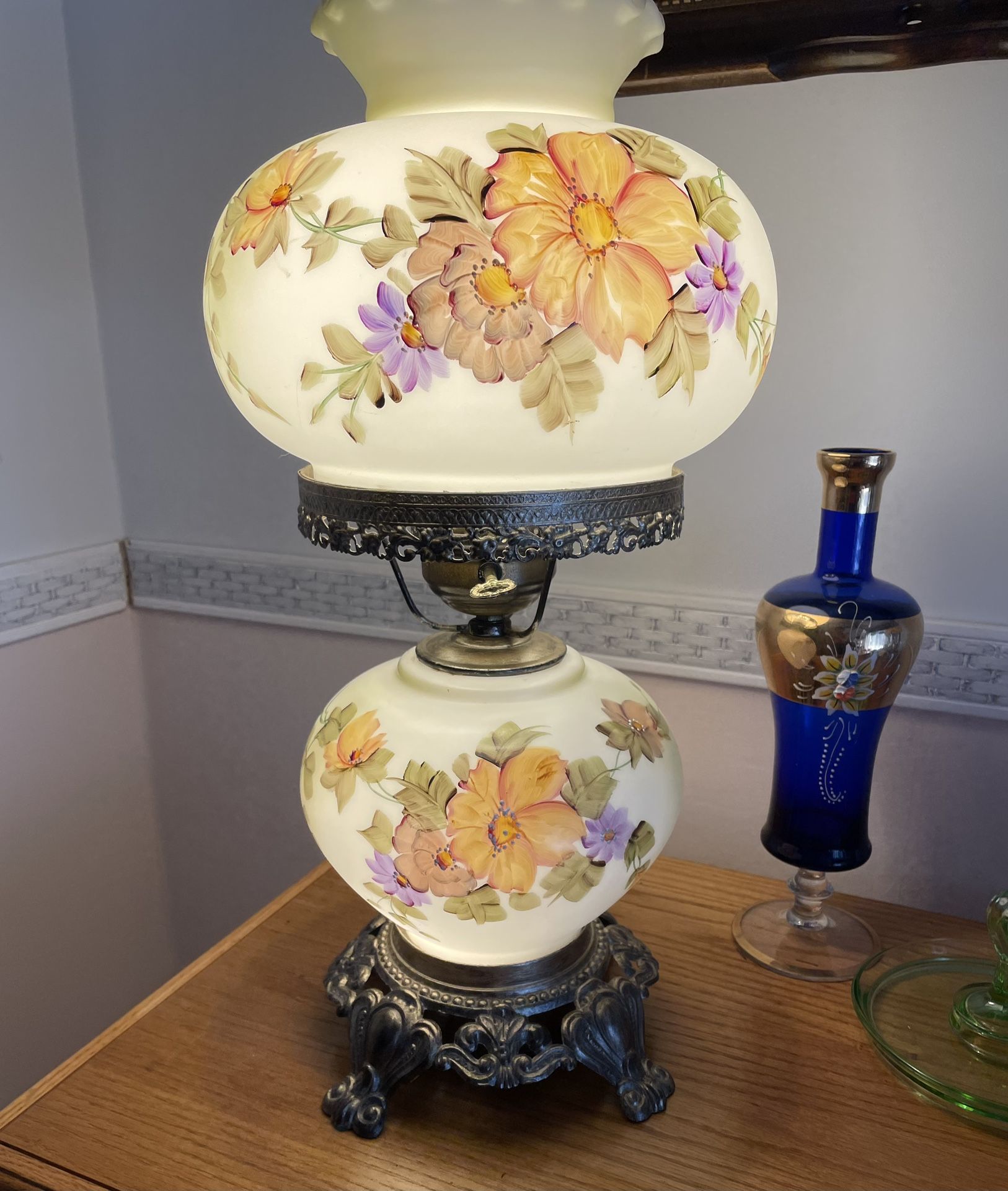Vtg GIM 2-Globe Hurricane Lamp 3083 1967 Floral Hand Painted 20” gone with wind