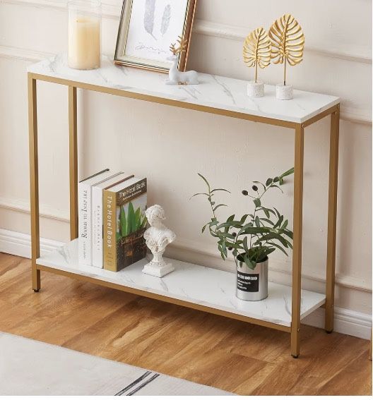 Console Table for Entryway, Faux Marble MDF Indoors Sofa Table with Golden Frame for Small Rooms Double Layer, White Marble