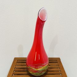 Vintage Murano Red Yellow & Green Art Glass Bottle Vase. Lizarri Glass Signature