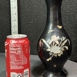 Vintage Cloisonné Black Lacquer Brass Vase with Mother Of Pearl Inlay Made in Korea 