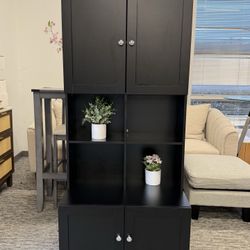 67” Tall & Wide Freestanding Storage Cabinet, Black Wooden Organizer with 4 Doors & Adjustable Shelves, Perfect for Kitchen, Bathroom, Bedr