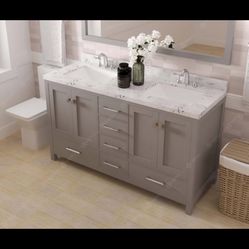 60” Gray Double Bathroom Vanity Cabinet w Cultured Marble Countertop & Square Sinks 
