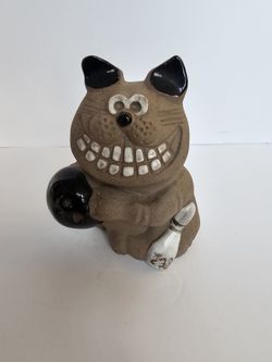 Vintage The Clay Menagerie by Pottery Craft – Smiling Bowling Cat Figurine
