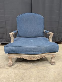 Vintage Style Blue Upholstered Armchair with Carved Wood Frame