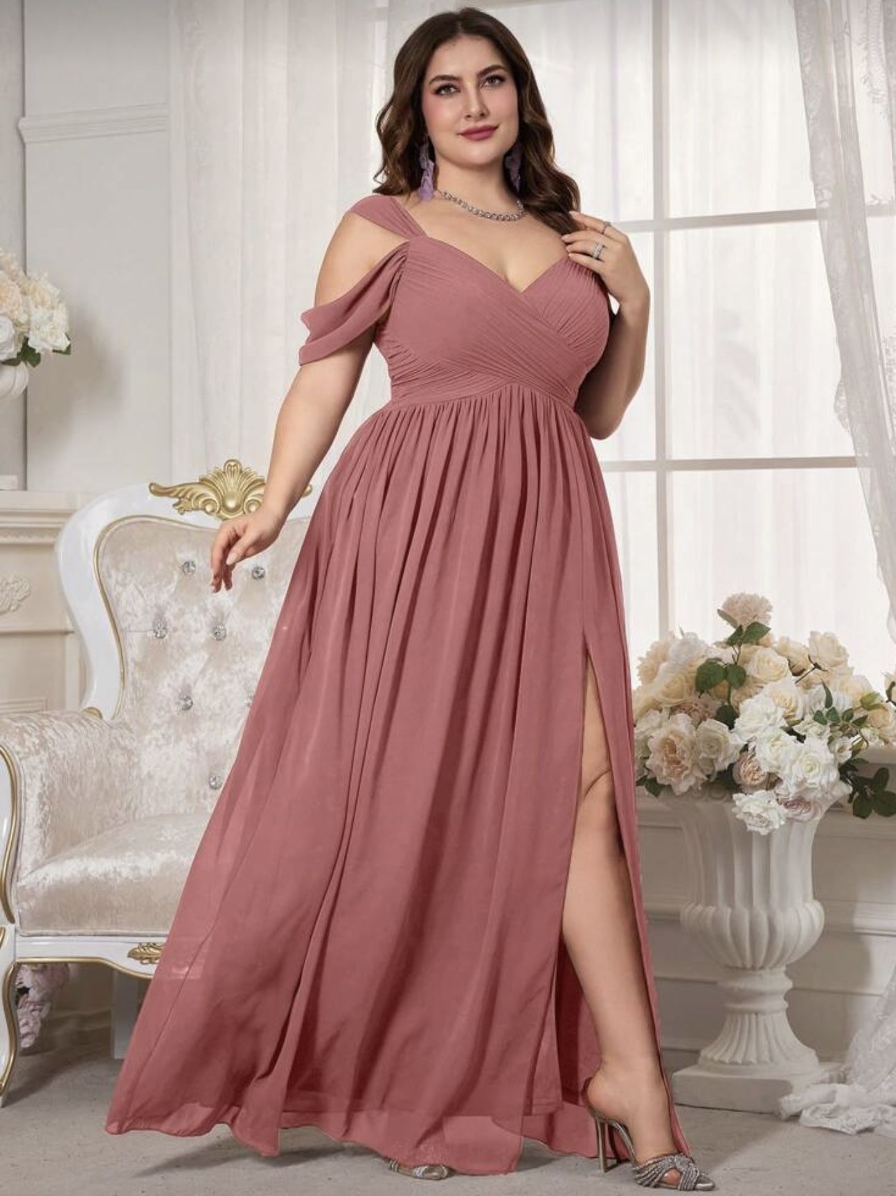 Plus Size Women Off Shoulder Short Sleeve Chiffon Dress
