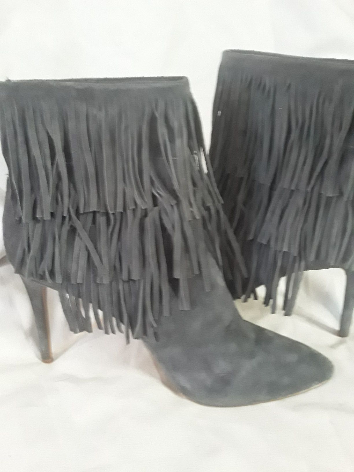 Size 11 suade heeled boots with fringe/tassels charcoal grey