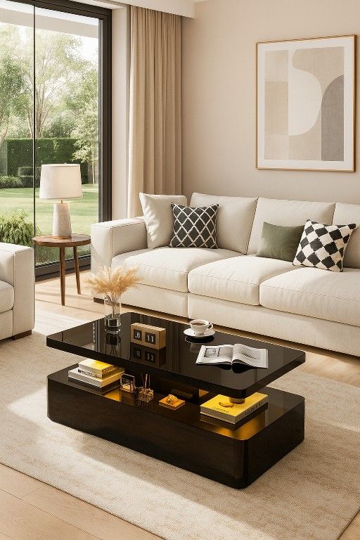 Coffee Table, Modern Coffee Table for Living Room, 2 Tiers Rectangle Design Table with 16 Colors LED Lights Black