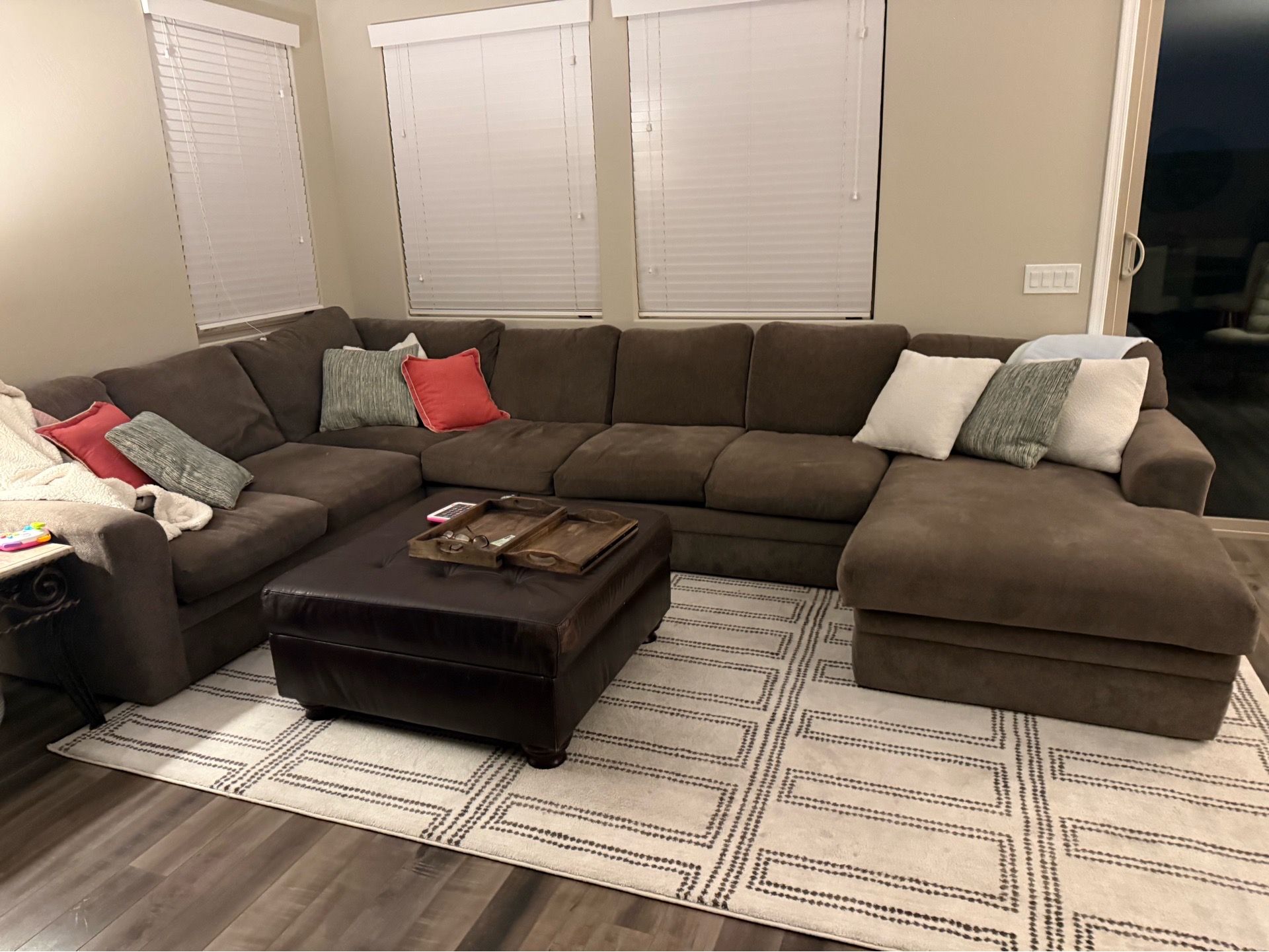 Chenille & Down stuffed sectional couch.