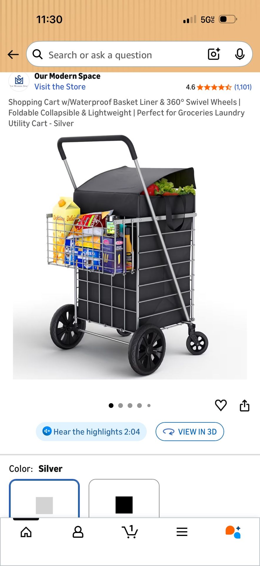 Shopping Carts W/waterproof Basket Liner & 360 Wheels