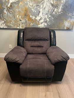 Oversized Two-Tone Slate Grey & Black Suede Rocker Recliner Chair Accent Chair
