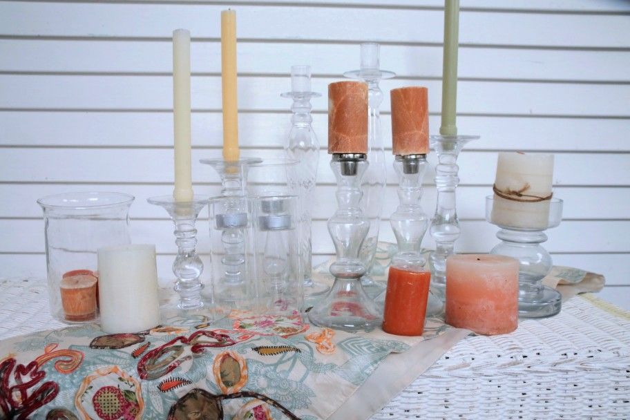 Glass Taper Candle Holders Set - Candles, Pier 1 Table Runner, Candlesticks, Harvest/ Fall Table Setting, Etc. 